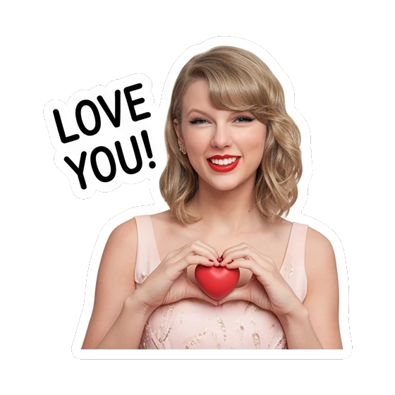 Taylor Swift making a heart gesture with hands, smiling, text LOVE YOU! Taylor Swift Iconic Expressions sticker for expressive chats and social replies.