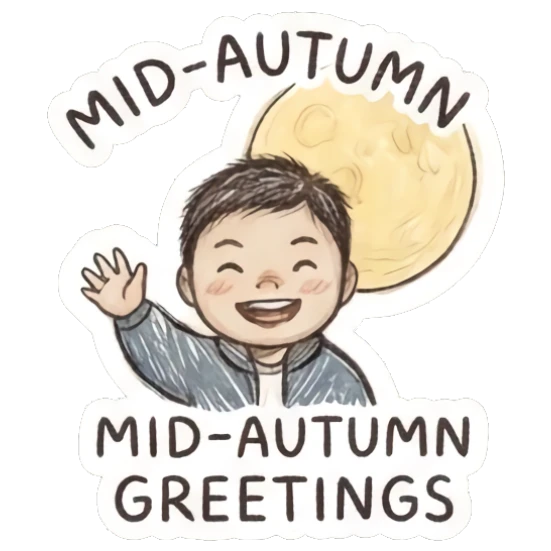 Greeting boy waving at full moon with text MID-AUTUMN GREETINGS. Little Boy Doodle Expressions sticker for expressive chats and social replies.
