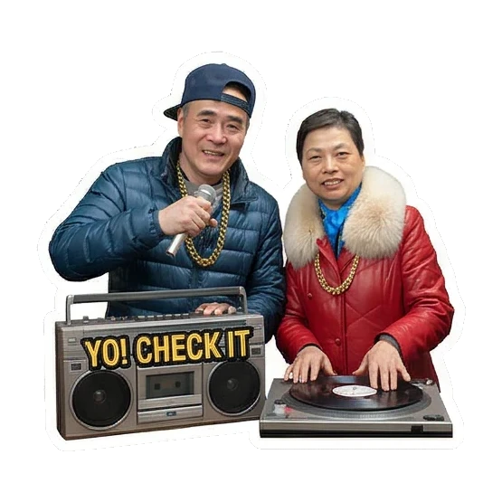 爷爷奶奶DJ打碟，说Yo! Check It Hip-hop Elders' Daily sticker for expressive chats and social replies.