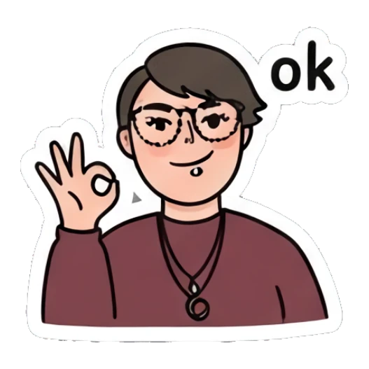 Young person with glasses making an OK hand gesture with 'ok' text. Daily Moods of a Cool Student sticker for expressive chats and social replies.