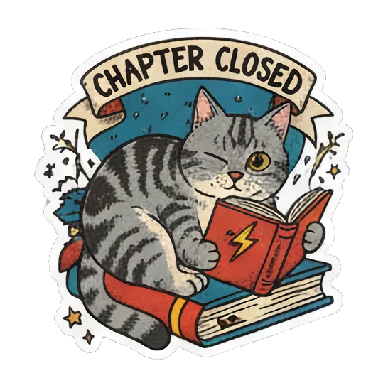 cat winking with chapter closed sign Literary Tabby Adventures sticker for expressive chats and social replies.