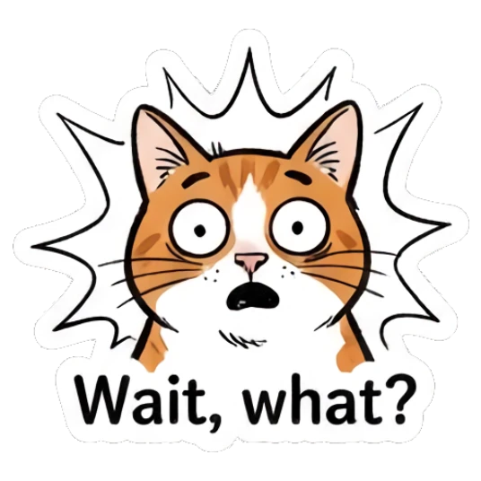Shocked orange cat with wide eyes and text Wait, what? Doodle Orange Cat Daily sticker for expressive chats and social replies.