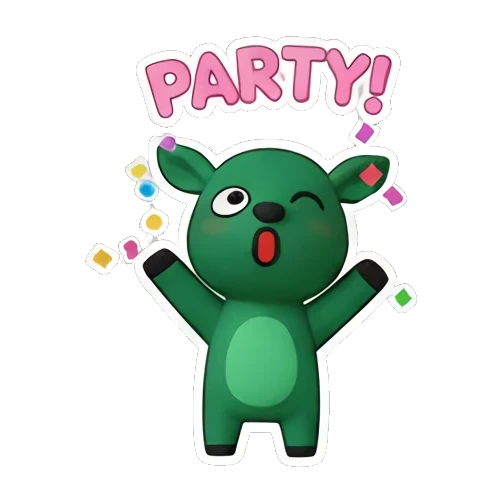 Green deer celebrating at a party with PARTY text and confetti Green Deer Joyful Adventures sticker for expressive chats and social replies.