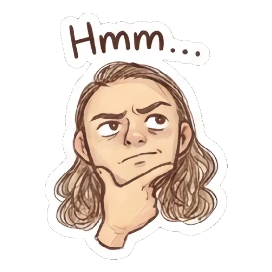 Man looking up thoughtfully with hand on chin, text 'Hmm...' Cool Long-Haired Guy Vibes sticker for expressive chats and social replies.
