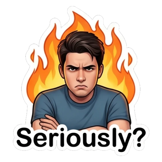 Young man looking angry with flames behind him. Daily Life of a Cool Guy sticker for expressive chats and social replies.