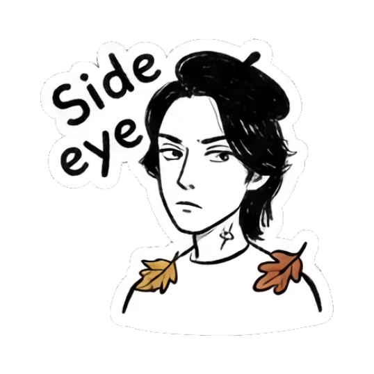 Skeptical boy with beret giving side eye, text Side eye Autumn Indie Doodle Guy sticker for expressive chats and social replies.