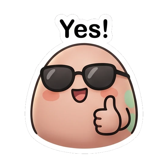Positive egg character wearing sunglasses giving a thumbs up with 'Yes!' text. Little Egg Moods sticker for expressive chats and social replies.