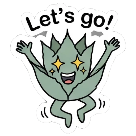 Excited aloe plant jumping with joy. Cheerful Aloe Adventures sticker for expressive chats and social replies.