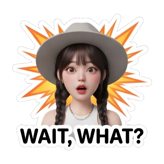 Girl with hat looking shocked, text WAIT, WHAT? Chic Hat Girl Expressions sticker for expressive chats and social replies.