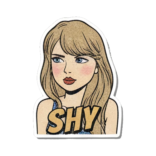 Blonde woman looking shy and bashful with SHY text Retro Pop Diva Vibes sticker for expressive chats and social replies.