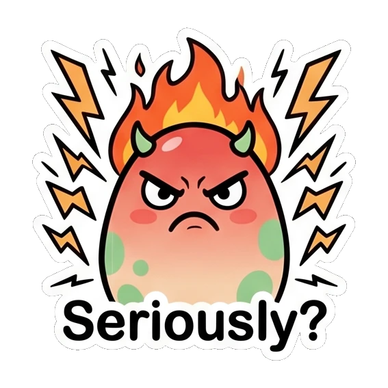 Angry red egg with flames on head saying Seriously? Little Spotted Egg Emotions sticker for expressive chats and social replies.