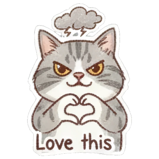Cat making heart shape with paws, text Love this Fluffy Doodle Cat Expressions sticker for expressive chats and social replies.