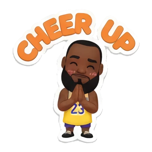 詹姆斯双手合十祈祷或期待，表情可爱，上方有CHEER UP文字 King James Court Vibes sticker for expressive chats and social replies.