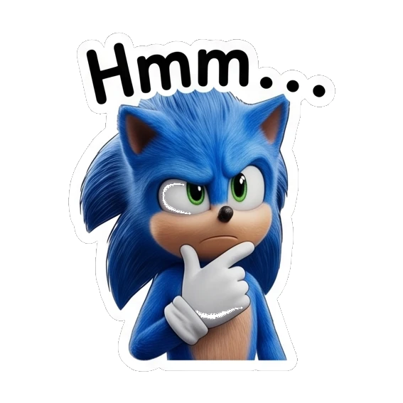 Sonic thinking with hand on chin and Hmm text Sonic Expressive Vibes sticker for expressive chats and social replies.