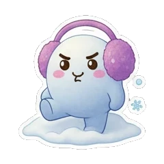 Snow creature wearing earmuffs dancing with music notes. Snowy Buddy Adventures sticker for expressive chats and social replies.