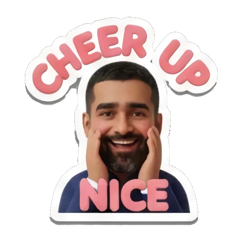 Bearded man smiling with hands on face with text CHEER UP Cheerful Bearded Professional sticker for expressive chats and social replies.