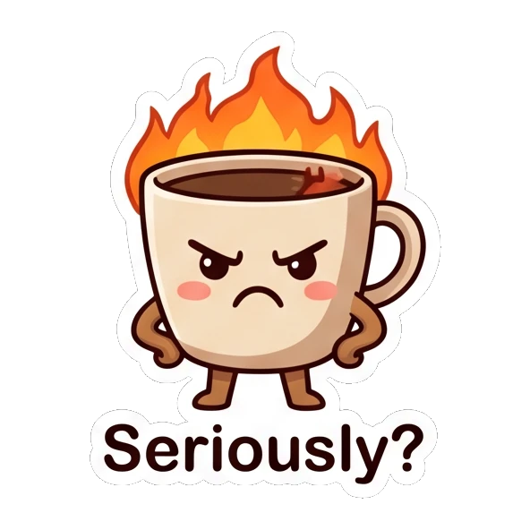 Angry coffee cup with flames behind it. Cheerful Coffee Cup Pals sticker for expressive chats and social replies.