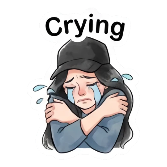 Girl in cap crying and hugging herself with text Crying Modern Girl Daily Vibes sticker for expressive chats and social replies.
