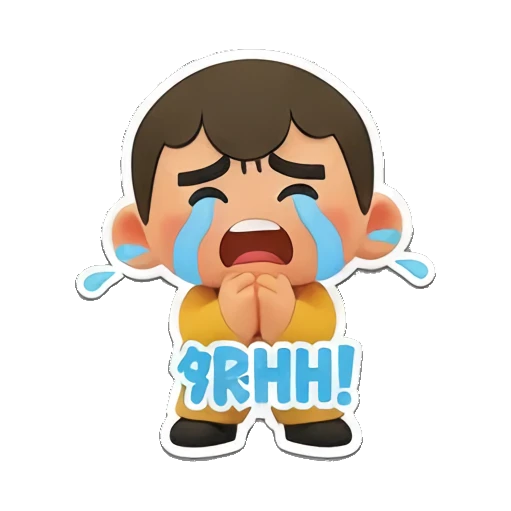 13. Boy crying with blue tears, Sob text. Cheerful Yellow Boy Adventures sticker for expressive chats and social replies.