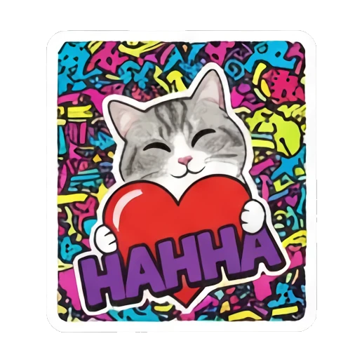 Cat laughing while holding a heart with HAHHA text Retro Graffiti Cat Vibes sticker for expressive chats and social replies.