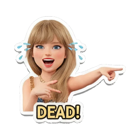 Blonde girl pointing to the side with 'DEAD!' text, laughing expression. Pop Star Party Vibes sticker for expressive chats and social replies.