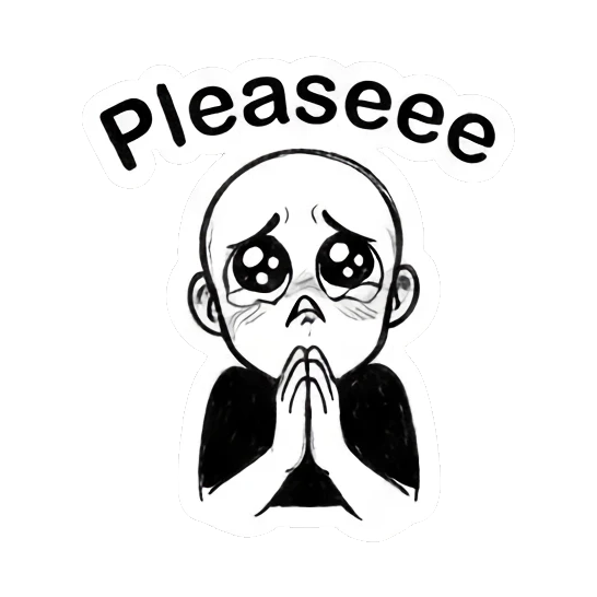 Pleading man with big watery eyes and hands together Cool Guy Doodle Daily sticker for expressive chats and social replies.