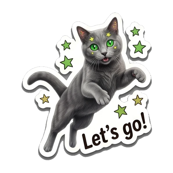 Excited gray cat jumping with stars, text Let's go! Gray Cat Daily Vibes sticker for expressive chats and social replies.