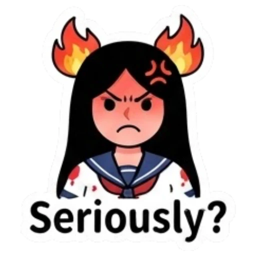 Angry schoolgirl with fire above her head and text Seriously? Yandere Schoolgirl Vibes sticker for expressive chats and social replies.
