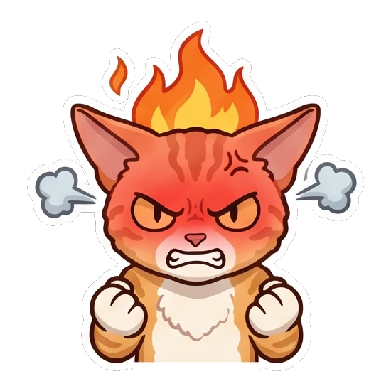 Ginger cat furious with fire on head and steam from ears Ginger Cat Holiday Joy sticker for expressive chats and social replies.