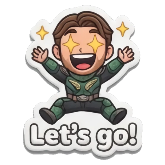 Excited hero jumping with star eyes saying Let's go. Heroic Daily Vibes sticker for expressive chats and social replies.