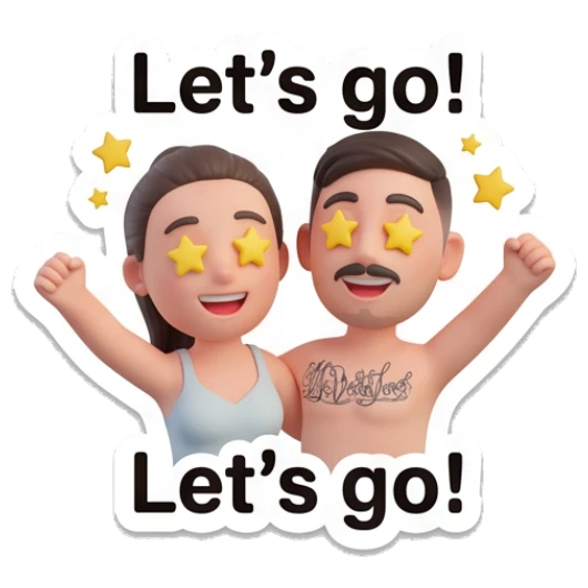 Couple cheering with star eyes with text Let's go! Our Daily Vibes sticker for expressive chats and social replies.