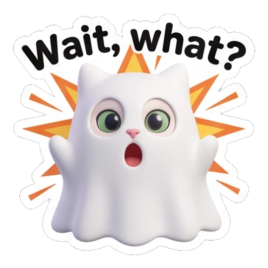 White cat dressed as a ghost saying Wait, what? with a surprised expression. Whimsical White Cat Adventures sticker for expressive chats and social replies.