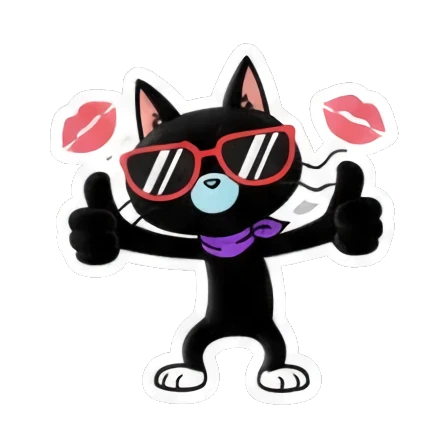 Cool black cat wearing sunglasses and giving double thumbs up. Cool Black Cat Daily sticker for expressive chats and social replies.