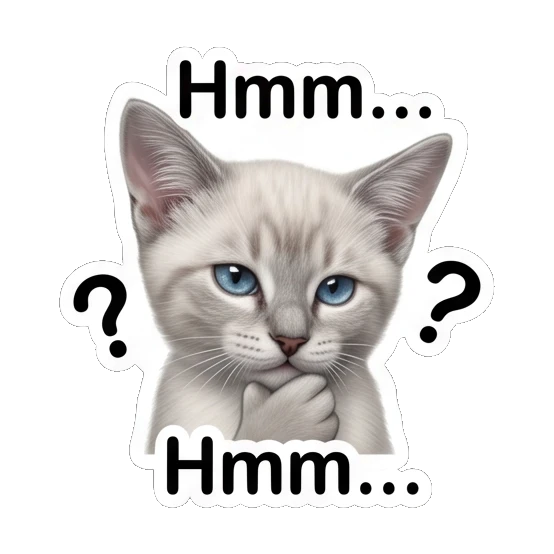 Thinking white cat with paw on chin and question marks with text Hmm Little White Cat Daily sticker for expressive chats and social replies.
