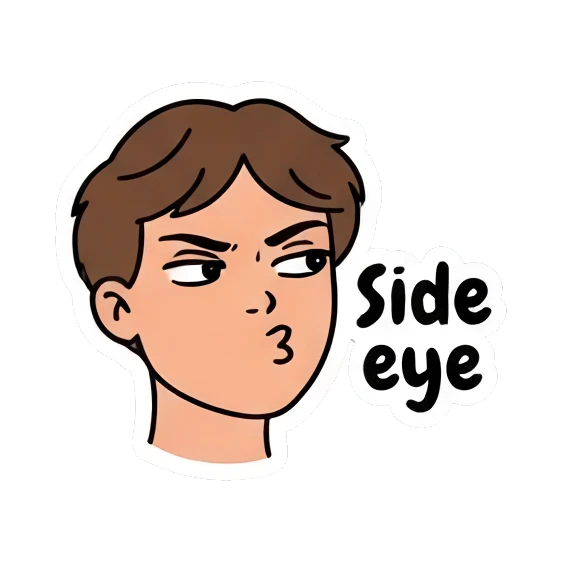 Boy giving a side eye with 'Side eye' text Cool Guy Daily Vibes sticker for expressive chats and social replies.