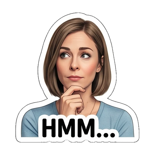Woman thinking with hand on chin and 'HMM...' text Everyday Office Lady sticker for expressive chats and social replies.