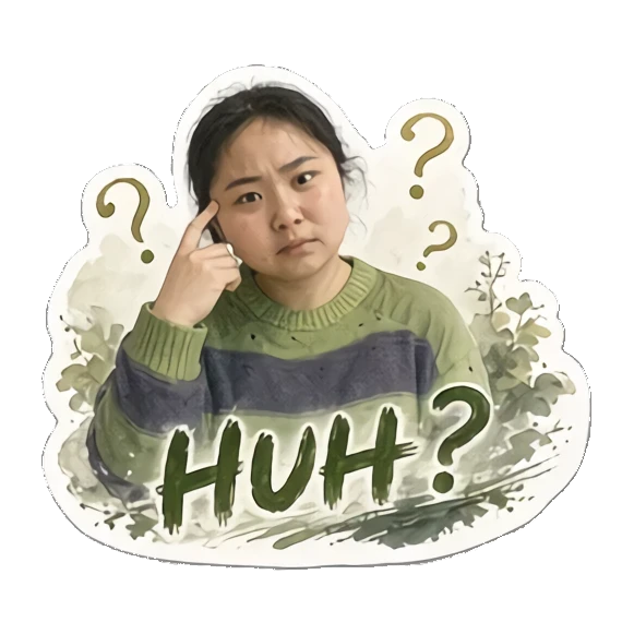 Young woman pointing to head with question marks saying HUH Cheerful Daily Life of a Young Woman sticker for expressive chats and social replies.