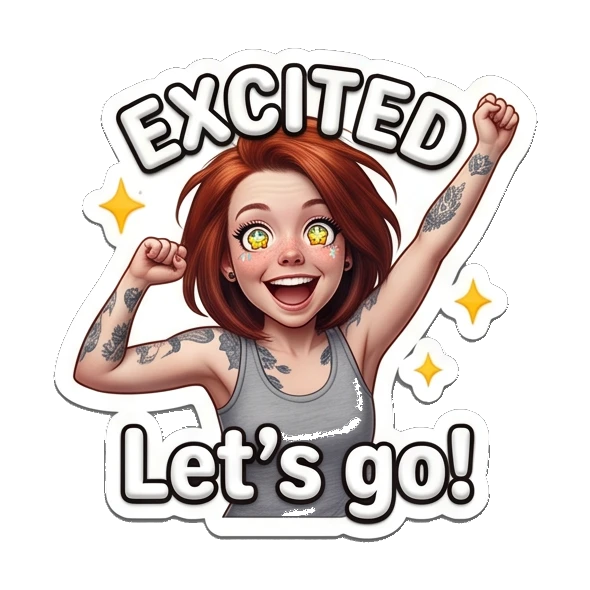 Excited red-haired girl cheering with arms raised. Red-Haired Girl Expressions sticker for expressive chats and social replies.