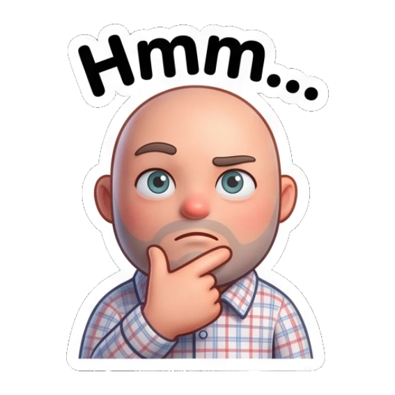 Bald man thinking with a hand on his chin. Bald Guy Daily Vibes sticker for expressive chats and social replies.