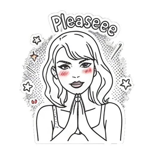 Girl with hands together in prayer pose and text Pleaseee Pop Art Girl Expressions sticker for expressive chats and social replies.