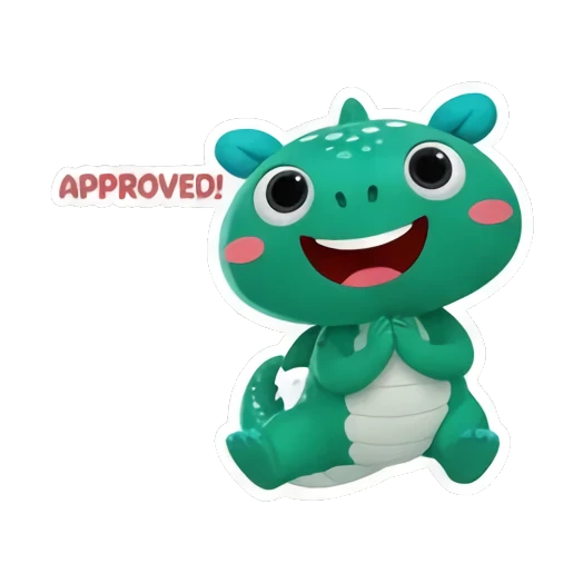 Green dinosaur sitting happily with APPROVED text Little Green Dino Adventures sticker for expressive chats and social replies.