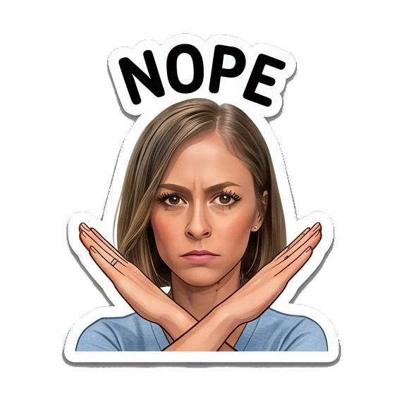 Woman crossing arms in refusal, text NOPE Everyday Expressions of Sarah sticker for expressive chats and social replies.
