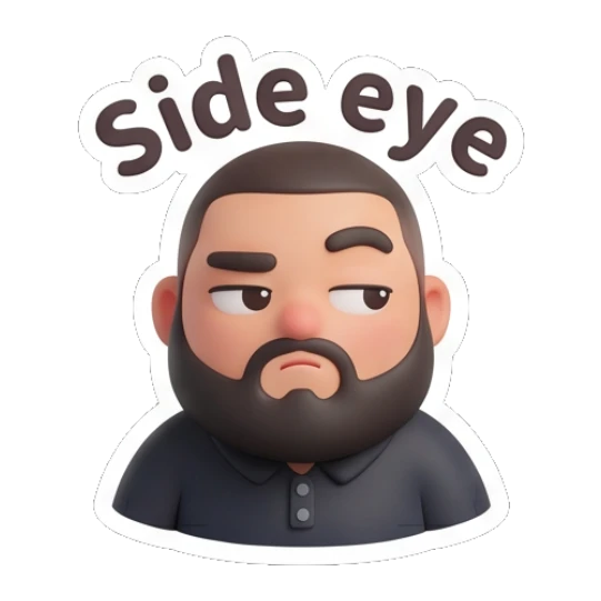 Bearded man giving a suspicious side-eye glance. Bearded Buddy Expressions sticker for expressive chats and social replies.