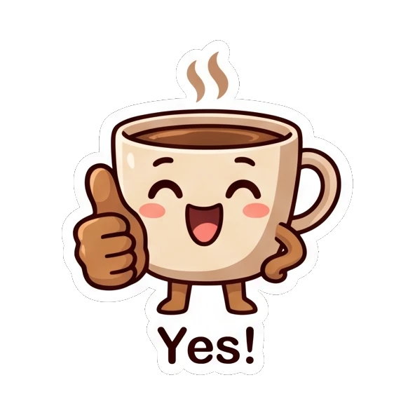 Happy coffee cup giving a thumbs up. Cheerful Coffee Cup Pals sticker for expressive chats and social replies.