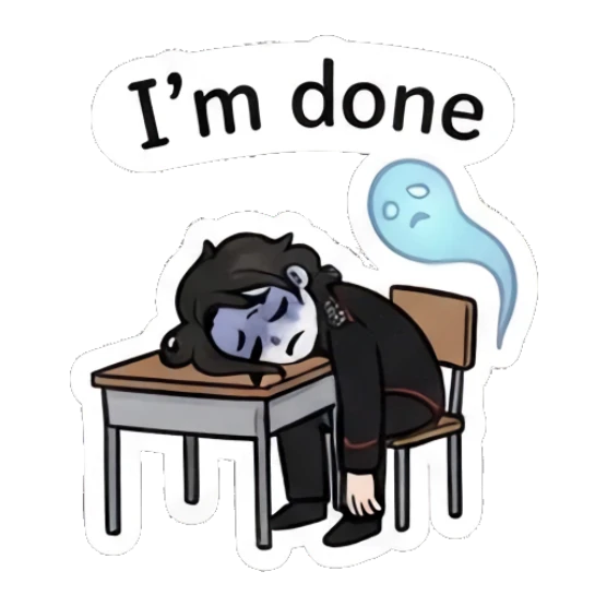 Rocker boy slumped over a desk with a ghost spirit, 'I'm done' text. Emo Rocker Daily Vibes sticker for expressive chats and social replies.