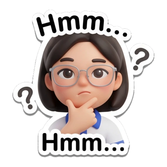 Girl with glasses thinking with a finger on chin, saying Hmm. Cheerful Glasses Girl Daily sticker for expressive chats and social replies.