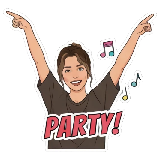 Celebrating 'PARTY!' with music notes Young Woman's Expression Pack sticker for expressive chats and social replies.