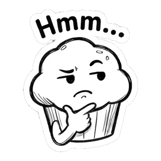 Muffin thinking with a hand on chin Muffin Moods sticker for expressive chats and social replies.