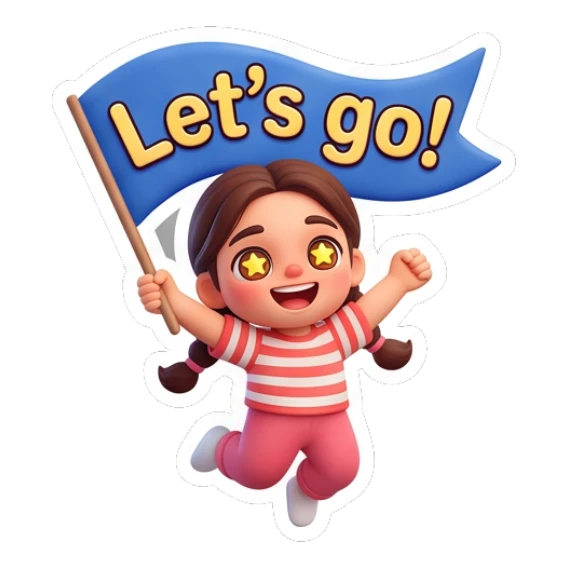 Girl jumping with let's go flag Cute Braided Girl Daily sticker for expressive chats and social replies.