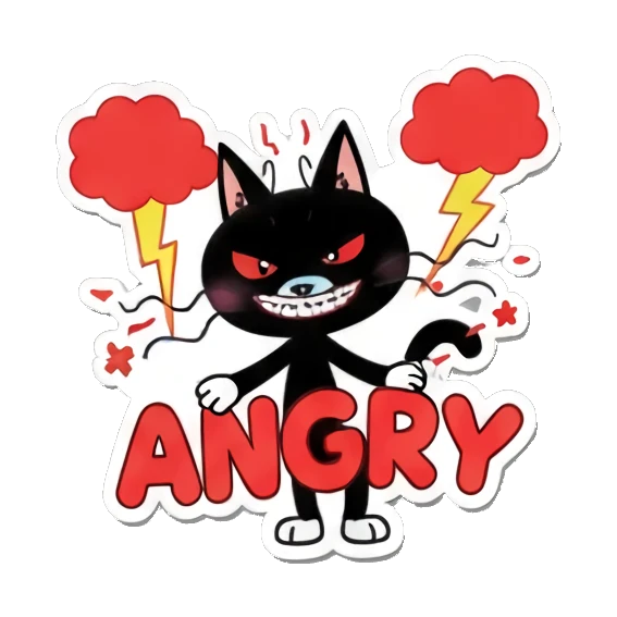 Black cat looking furious with lightning and ANGRY text Playful Black Cat Daily Life sticker for expressive chats and social replies.